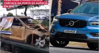 Volvo avaliado em R$ 250 mil pega fogo e dono coloca carcaça na porta de agência em BH