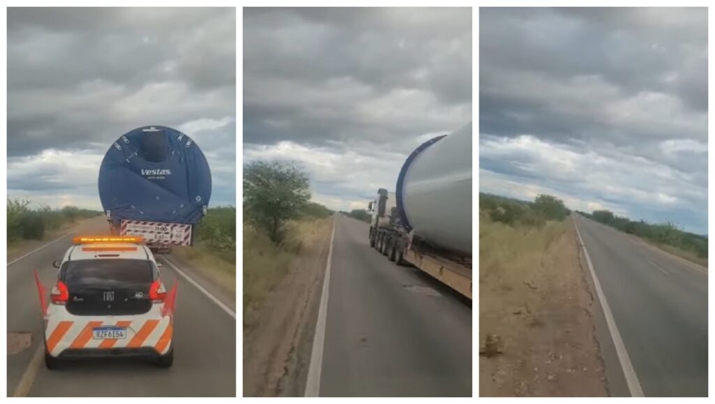 Carreta com carga eólica joga caminhão para o acostamento durante ultrapassagem