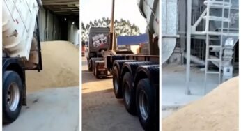 Após dois dias de espera, caminhoneiro descarrega arroz no chão