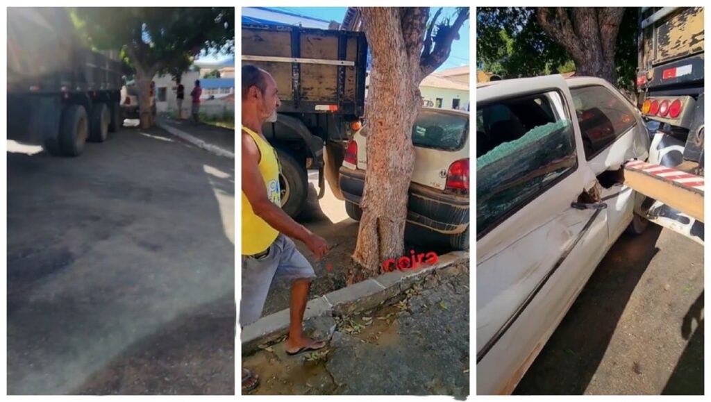 Ponto cego: caminhão arrasta carro durante manobra