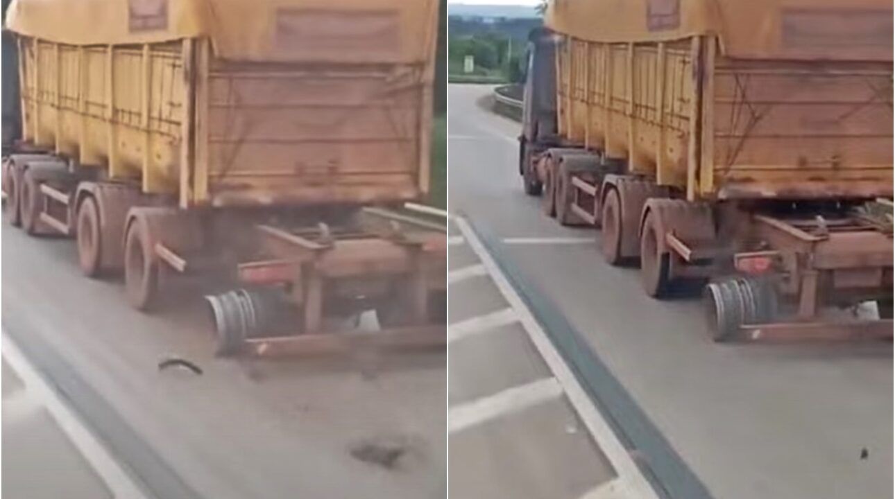 Caminhoneiro é flagrado rodando sem o pneu traseiro da carreta