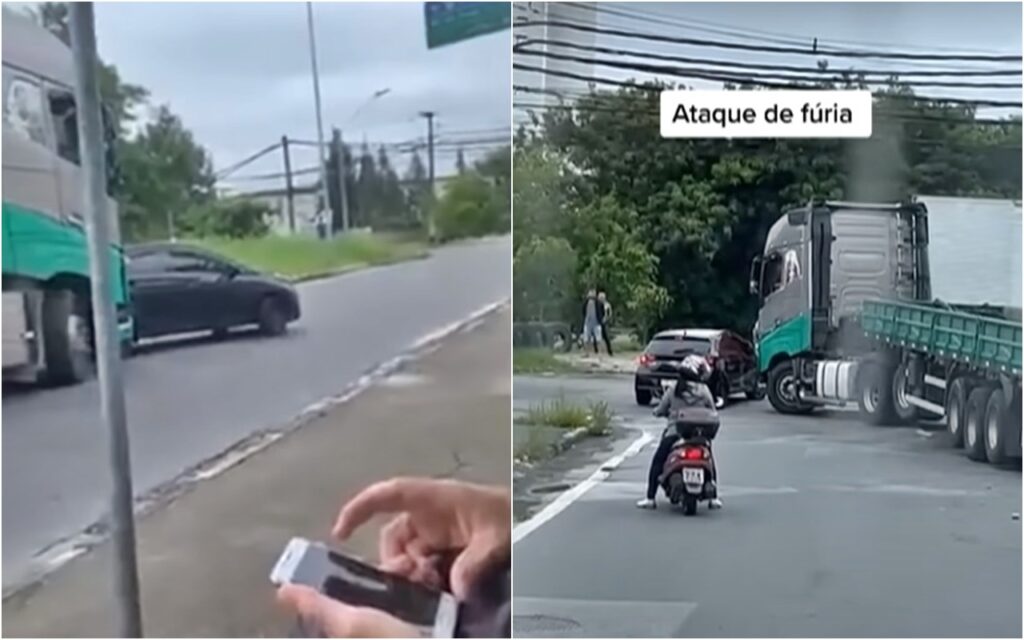 Briga entre caminhoneiro e motorista de veículo menor termina com carro sendo arrastado