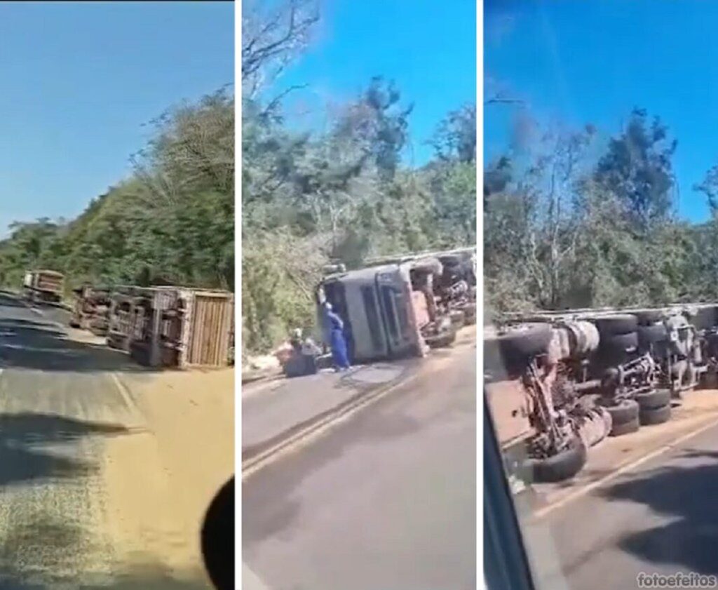 Carga de soja é saqueada após tombamento de carreta, no Paraná