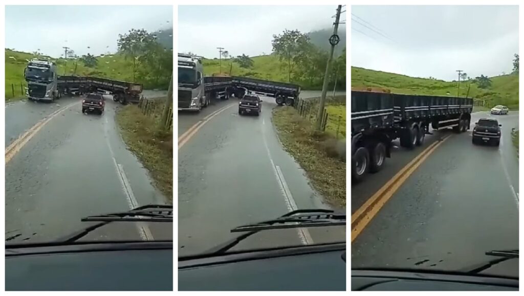 Caminhoneiro faz retorno em uma curva de faixa contínua