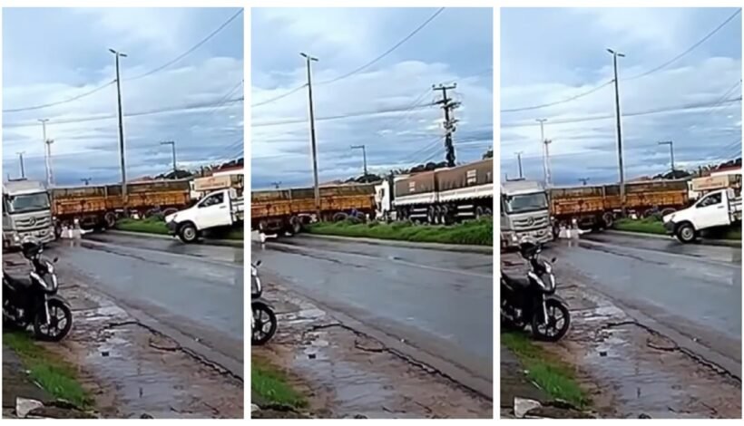 Caminhoneiro tenta realizar manobra e “trava” via com a carreta