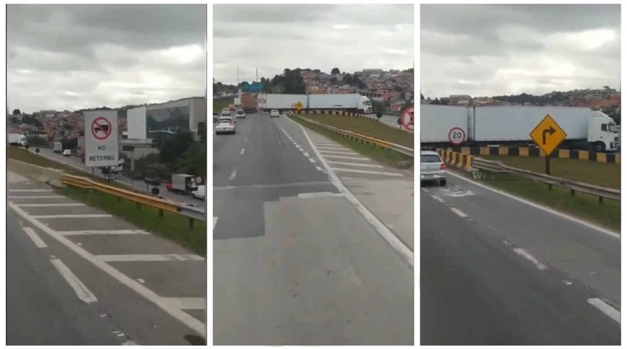 Caminhoneiro não se atenta a placa de trânsito e provoca o caos em rodovia