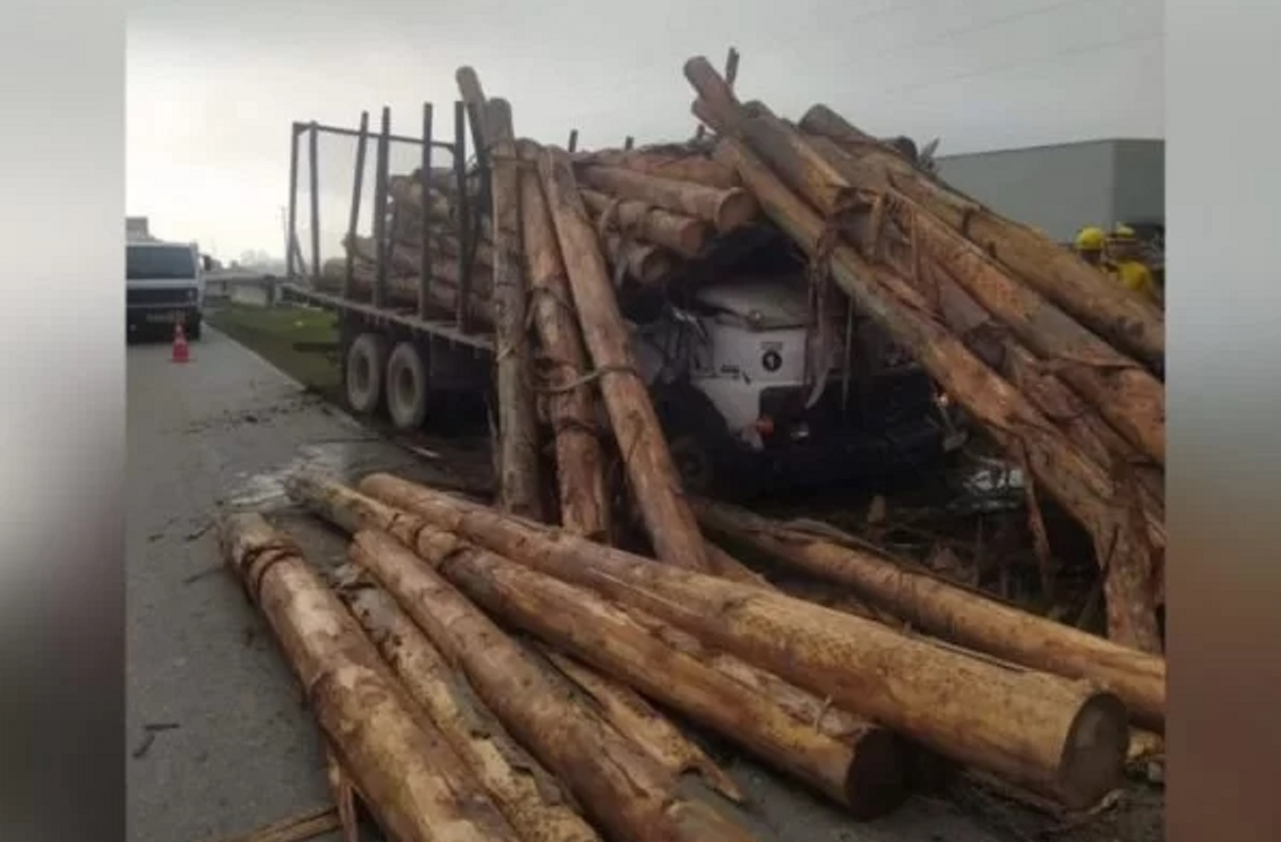Caminhoneiro morre esmagado após toras de madeira caírem sobre a cabine do caminhão