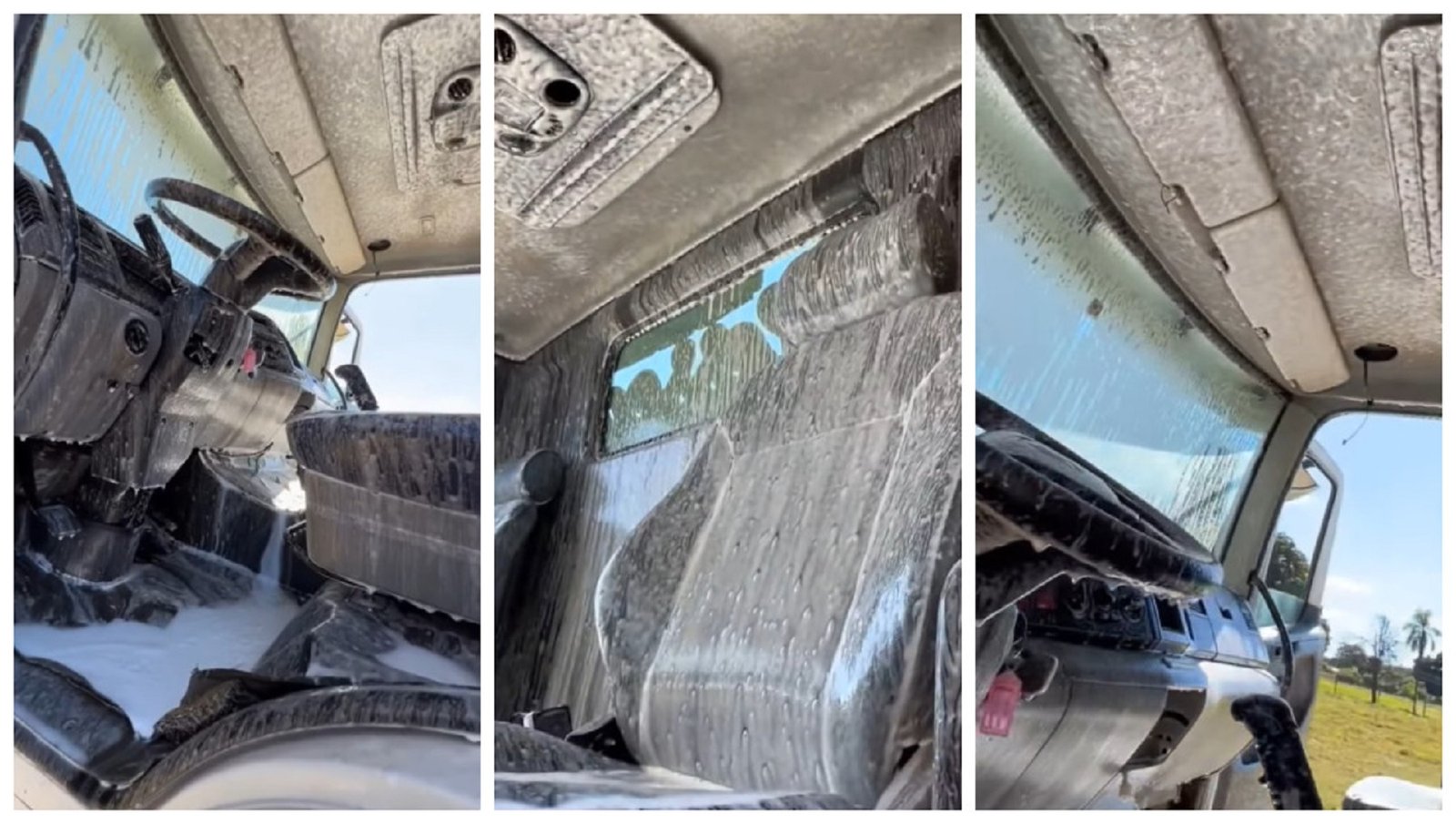 Caminhoneiro chama atenção na web após jogar água na cabine do caminhão