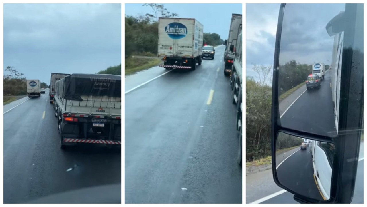 Caminhoneiro tentou escapar de engarrafamento ao invadir contramão, mas dar de frente com a PRF