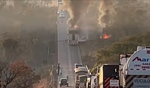 Carreta pega fogo na BR-070 e explosão assusta motoristas