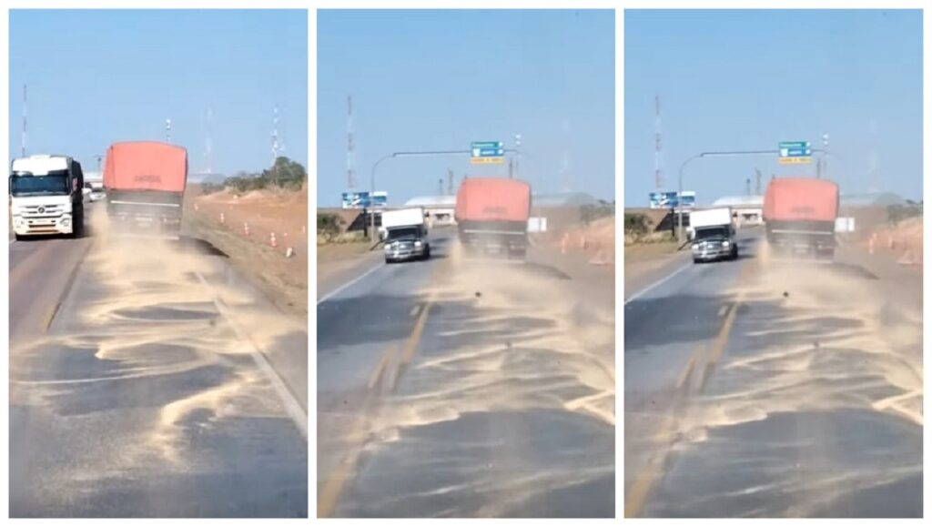 Um caminhoneiro passou em frente a um posto da PRF, derramando parte da carga na pista