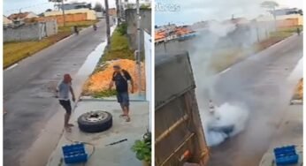 Após estouro, pneu de caminhão é arremessado para o alto e quase provoca acidente