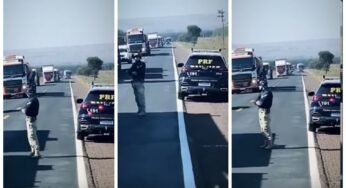 Caminhoneiro se depara com agente da PRF no meio da pista ao tentar ultrapassar