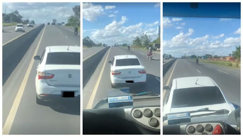 Carro reduz velocidade bruscamente e quase é atingido por caminhão