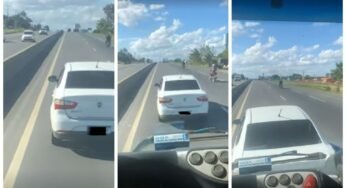 Carro reduz velocidade bruscamente e quase é atingido por caminhão