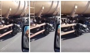 Carreta-Tanque é flagrada com Motocicleta Presa entre os Semirreboques
