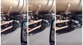 Carreta-Tanque é flagrada com Motocicleta Presa entre os Semirreboques