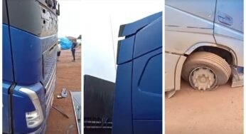 Antena de caminhão entra em contato com a rede elétrica e danifica o veículo