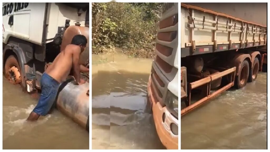 Decisão errada deixa caminhoneiro “atolado” em rio
