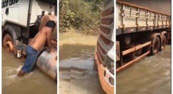 Decisão errada deixa caminhoneiro “atolado” em rio