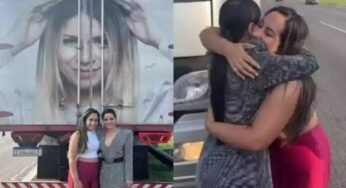 Cantora Maraísa para caminhão em rodovia com adesivo em homenagem a Marília Mendonça