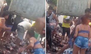 Populares saqueiam carga de refrigerantes de caminhão tombado no Rio