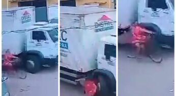 Ciclista escapa por milagre de atropelamento por caminhão