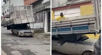 Chevette transporta cabine de caminhão no teto