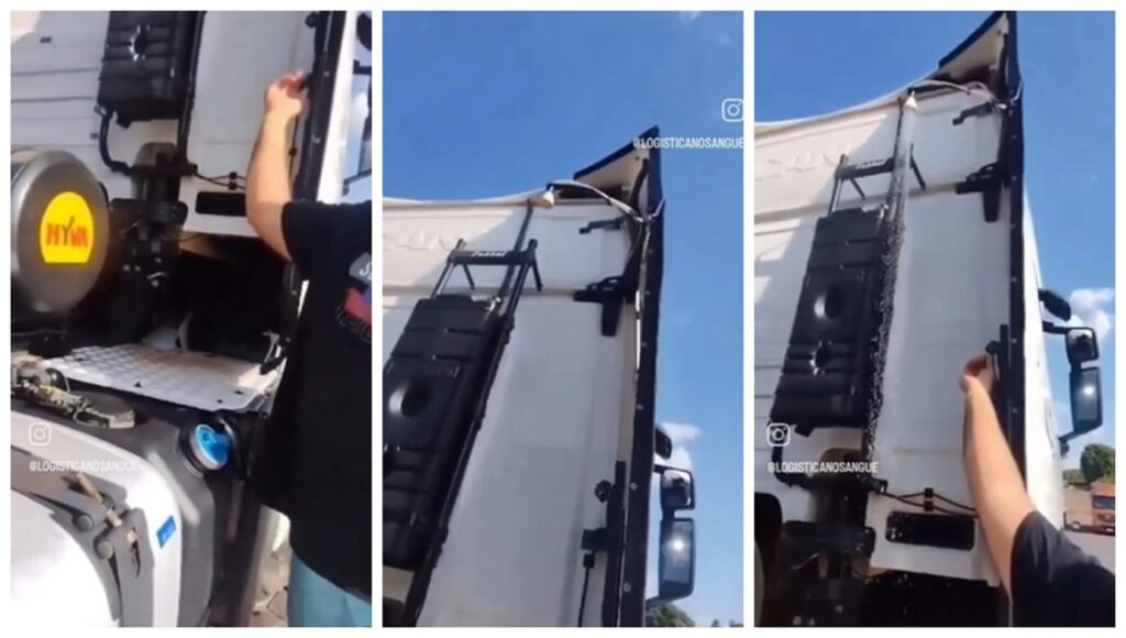 Caminhoneiro instala chuveiro elétrico na traseira de cabine de caminhão