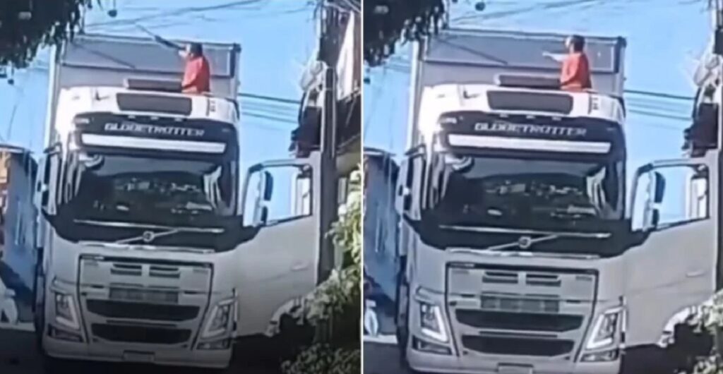 Caminhoneiro causa caos em Ipiaú, na Bahia, ao cortar fios de internet para passar com carreta