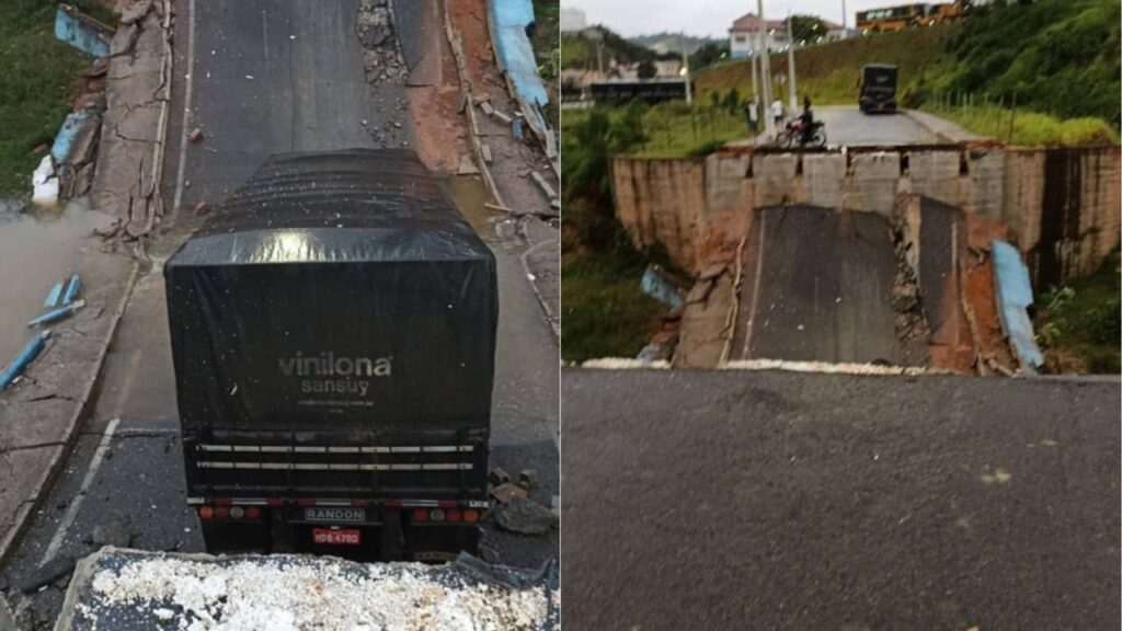 Ponte cede e caminhão cai no rio