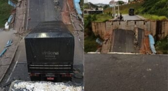 Ponte cede e caminhão cai no rio