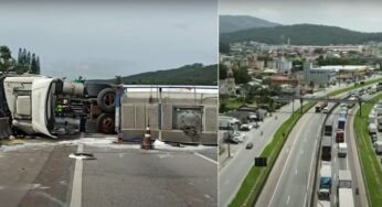 Tombamento de caminhão provoca interrupção no trânsito