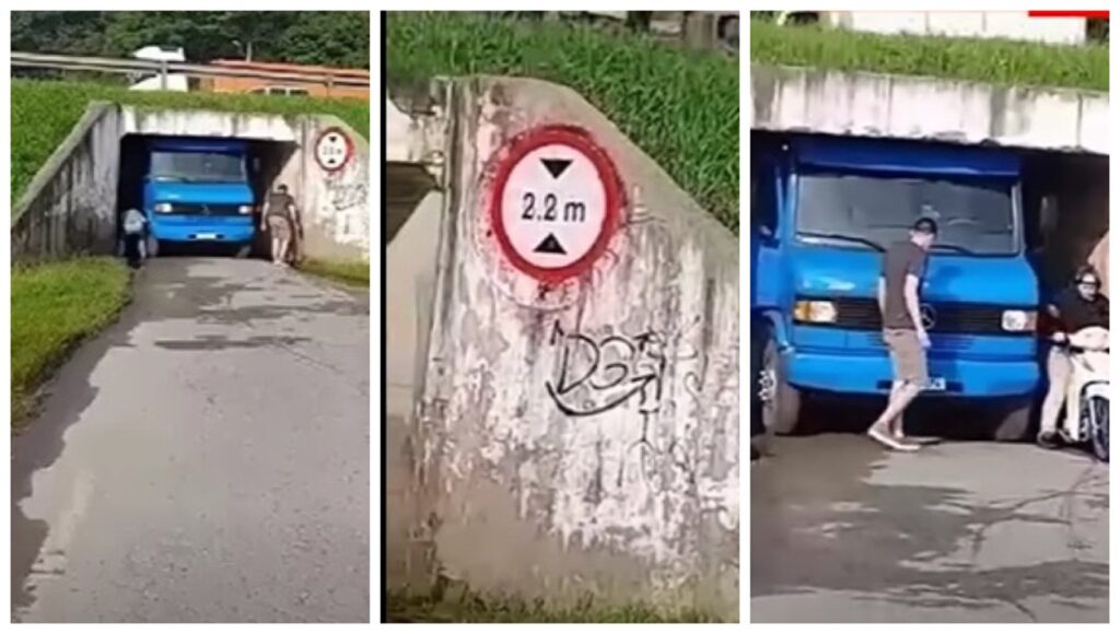 Caminhoneiro fica entalado em túnel sinalizado com altura