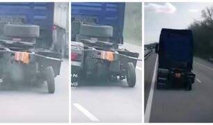Caminhão surpreende ao rodar com estepe de carro no lugar das rodas traseiras do lado direito