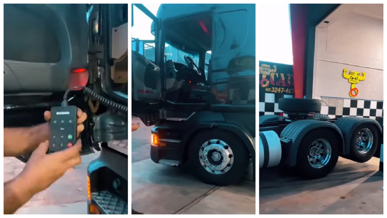 Motorista mostra suspensão a ar e partida de caminhão controladas por celular