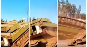 Erro de cálculo: tanque militar capota de carreta após manobra malsucedida
