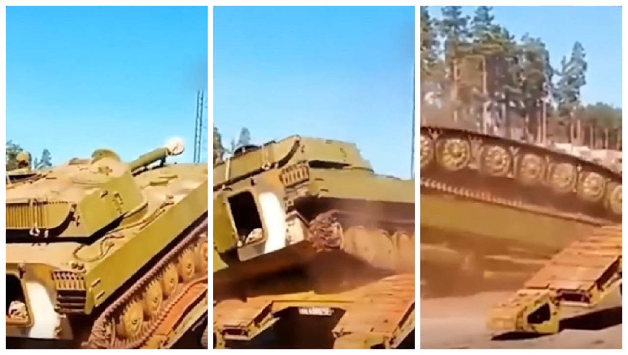 Erro de cálculo: tanque militar capota de carreta após manobra malsucedida