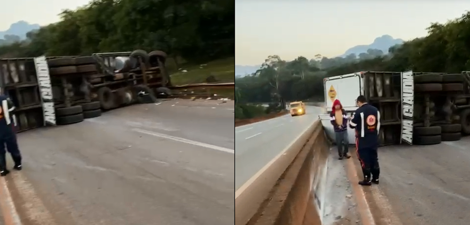 Caminhão tomba, incêndio se propaga e rodovia é interditada na região Central de Minas Gerais.