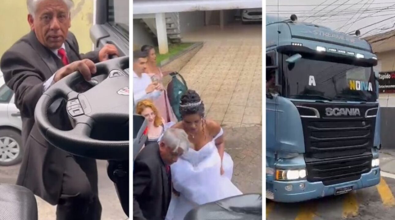 Caminhoneiro leva filha ao casamento dentro de um caminhão