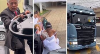 Caminhoneiro leva filha ao casamento dentro de um caminhão