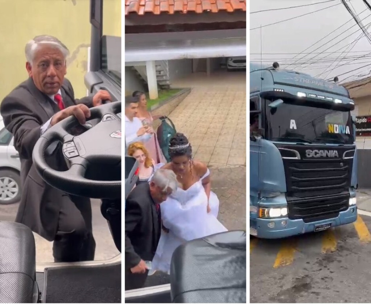 Caminhoneiro leva filha ao casamento dentro de um caminhão