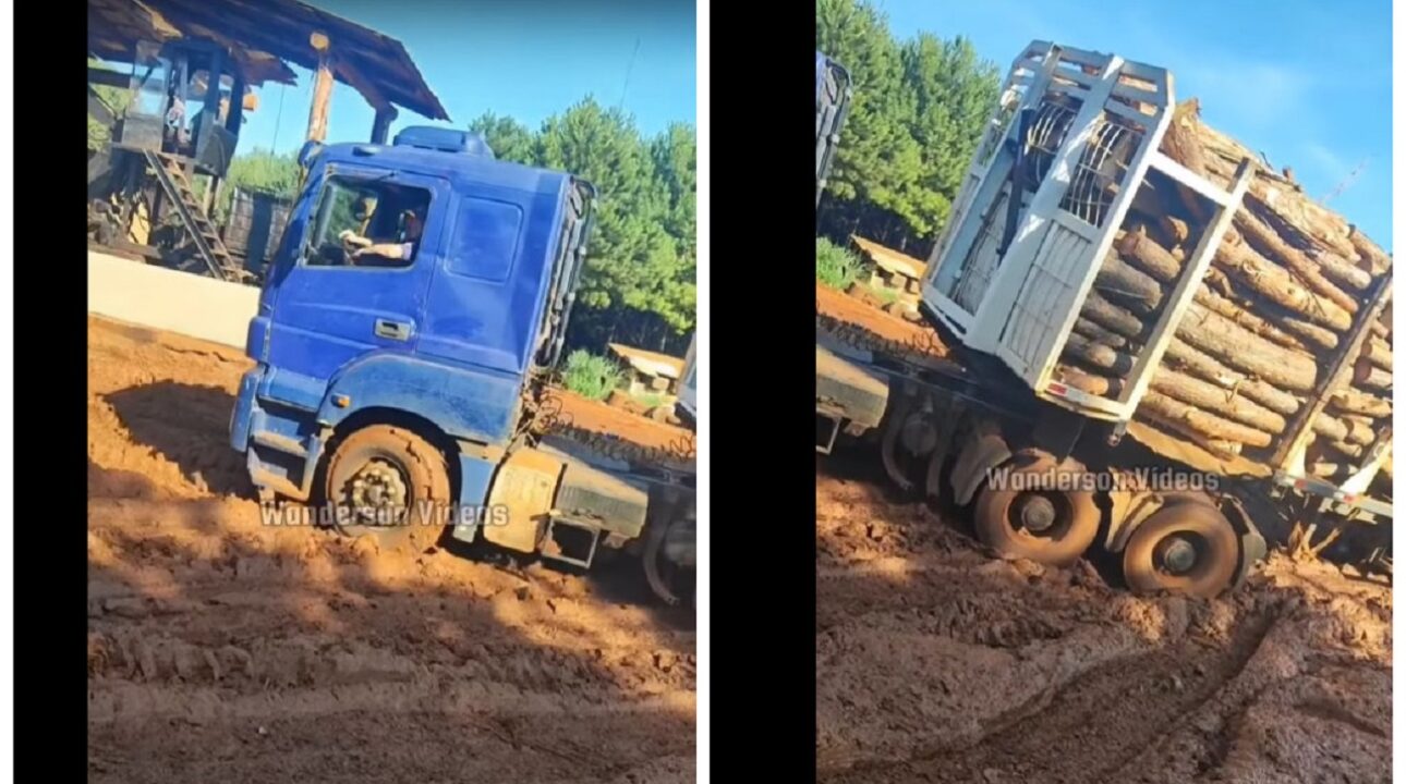 Caminhão fica atolado em estrada sem nenhuma infraestrutura