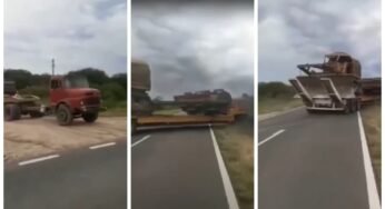 Caminhão antigo chama atenção com carga superdimensionada