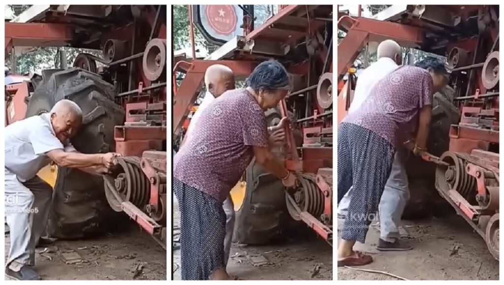 Idosos tentam, sozinhos, consertar maquinário de transporte agrícola