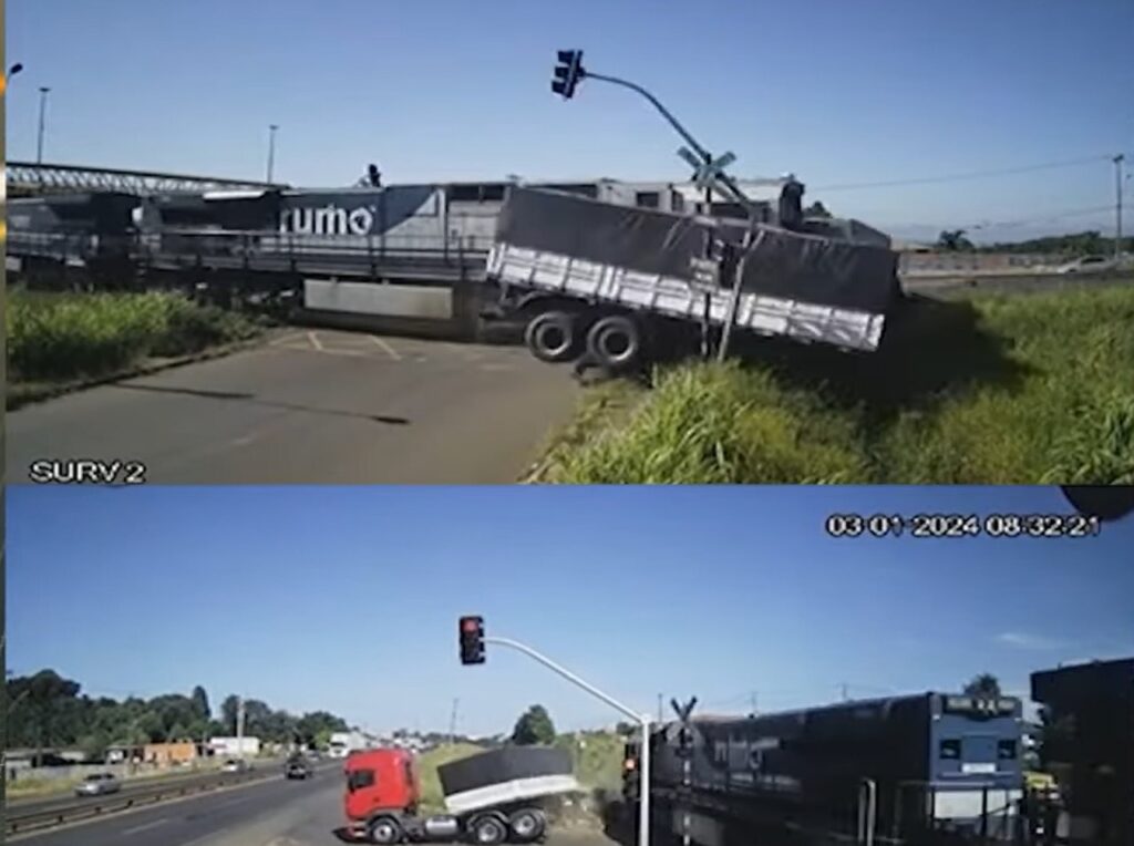 Caminhoneiro imprudente tem carreta semirreboque partida ao meio por trem