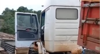 Caminhoneiro tenta passar em ponte em construção e quase se dar mal