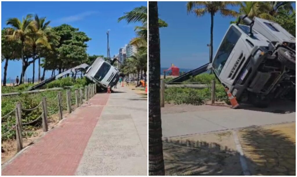 Caminhão tombado em praia chama atenção de banhistas