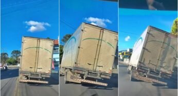 Video: Caminhão baú é flagrado trafegando completamente torto