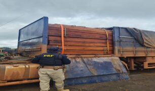 PRF apreende carregamento ilegal de madeira no Paraná